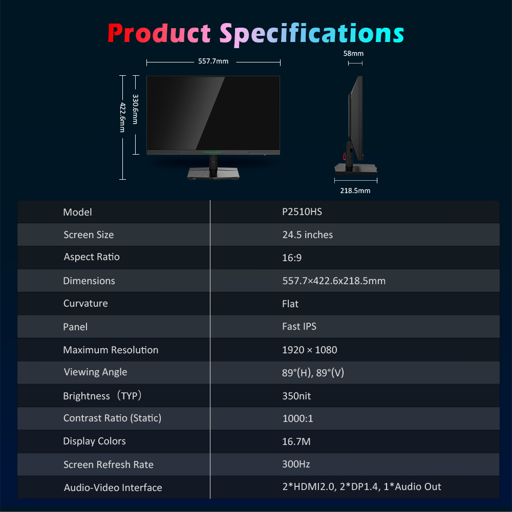 Herný monitor TITAN ARMY P2510HS, 24.5-palcová obrazovka CSOT Fast IPS 1920*1080, obnovovacia frekvencia 300 Hz, HDR400, 121 % sRGB, doba odozvy 1 ms GTG, adaptívna synchronizácia, hardvérový režim Low Blue Light, herný asistent, zobrazenie PIP/PBP, montáž VESA