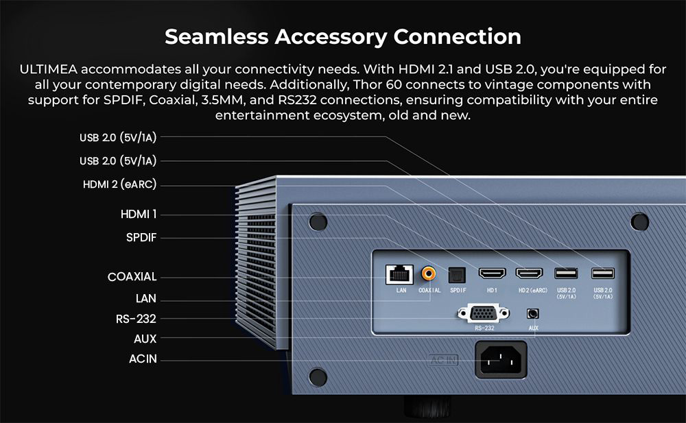 Ultimea Thor T60 Laser-TV, 4000 ANSI, Dolby Atmos & Dolby Vision, 4K native Aufl&ouml;sung, HDR 10, 4000:1 Kontrast, 8-Punkt-Kalibrierung, Android TV 11 &ndash; US-Stecker