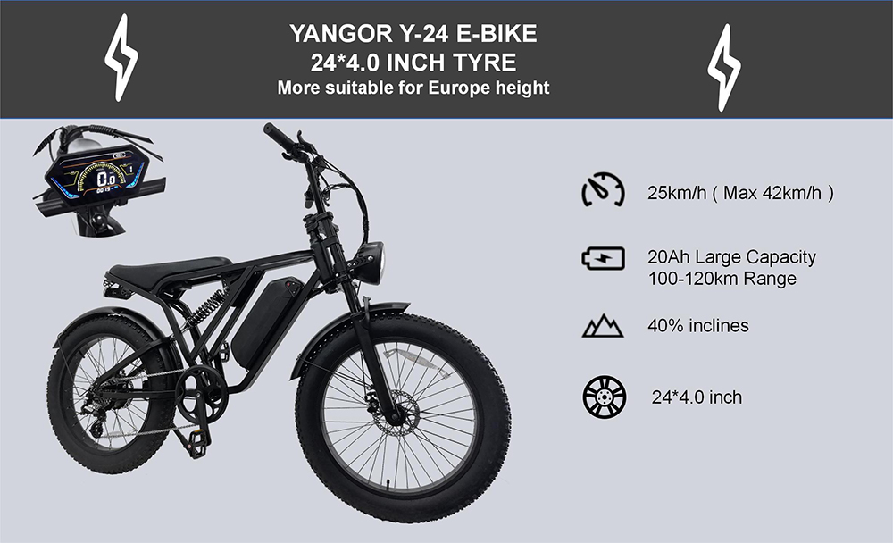 Elektrobicykel YANGOR Y-24, 250W motor, 48V 20AH batéria, 24*4.0-palcové pneumatiky, max. rýchlosť 42 km/h, max. dojazd 120 km, mechanické kotúčové brzdy, predné odpruženie, 8-rýchlostný systém Shimano ALTUS, LCD displej