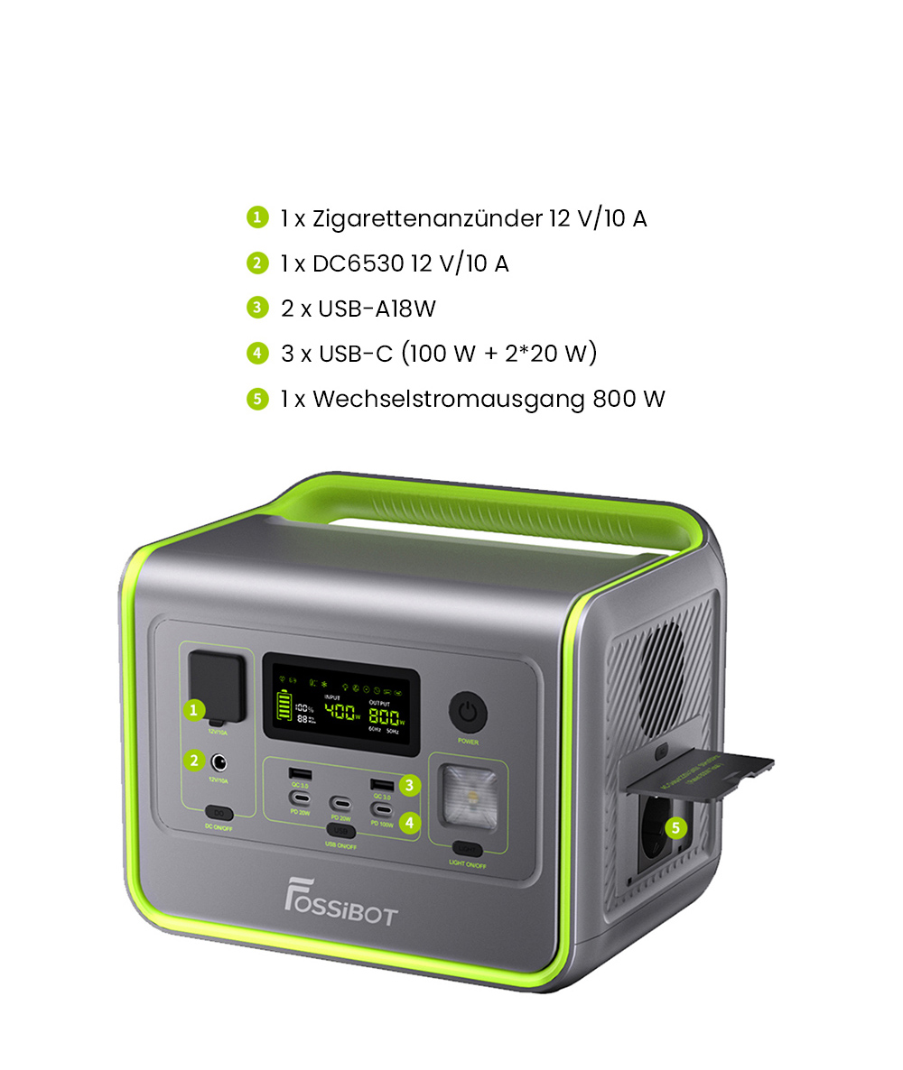 FOSSiBOT, FOSSiBOT F800, Powerstation, tragbare Powerstation, mobile Powerstation, Generator, Solargenerator, tragbare Solargenerator, Stromgenerator, Stromversorgung, tragbare Stromversorgung, tragbare Kraftwerke, tragbares Kraftwerk, Kraftwerk, Stromerzeuger