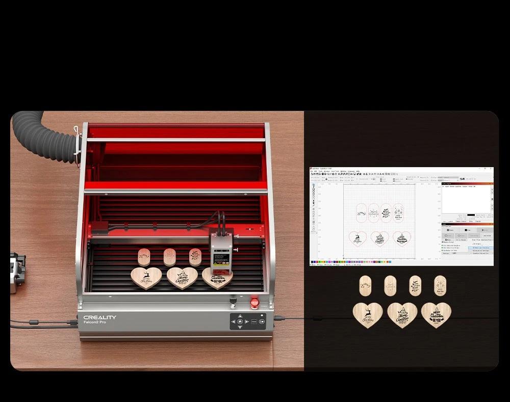 Creality Falcon2 Pro Lasergravierer- und Schneideger&auml;t 40 W, integrierte Luftunterst&uuml;tzung, gew&ouml;lbte sichtbare Abdeckung, eingebaute Kamera, Schubladendesign, Zaun-Schutzstreifen, Feuer-/Luftstrom-/Linsen&uuml;berwachung, 400 x 415 mm