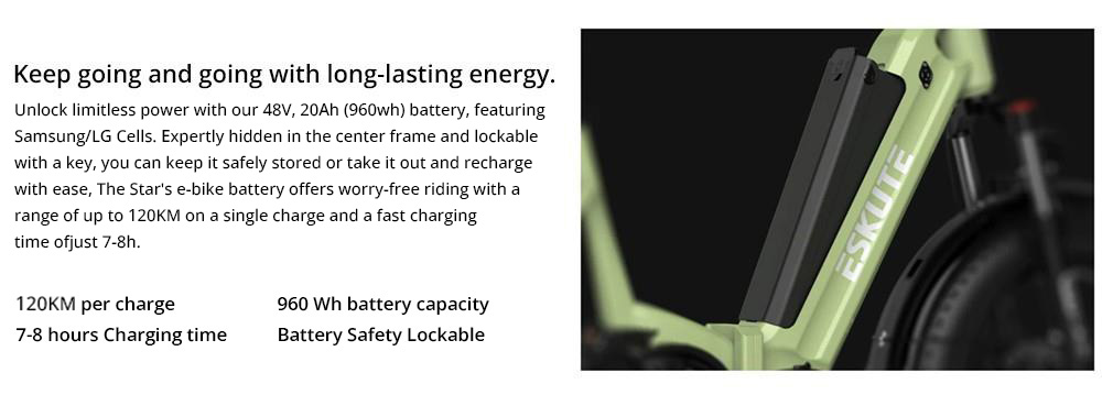 ESKUTE Star Folding Electric Bike 20*4.0 inch Fat Tire 250W Motor 25KM/H Max Speed 36V 25Ah Battery 100km Range Shimano 7-Speed Gear Hydraulic Disc Brakes - Green