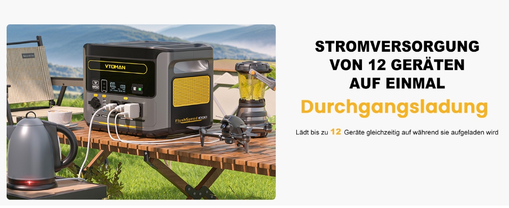 Tragbares Kraftwerk VTOMAN Flashspeed 1000, 1000W (2000W Spitze), 828Wh LiFePO4-Akku, mit AC/USB/DC-Ausgangsanschl&uuml;ssen