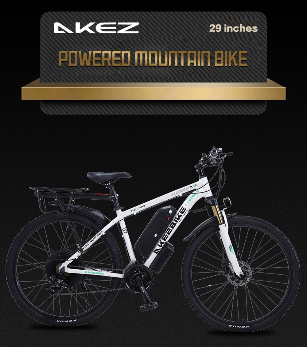 Elektrobicykel AKEZ 29'', 1000W motor, 48V 13AH batéria, 29*2.15-palcové pneumatiky, max. rýchlosť 45 km/h, dojazd 50 km, dvojité mechanické kotúčové brzdy, predná odpružená vidlica, Shimano 21 rýchlostí, LCD displej - čierny