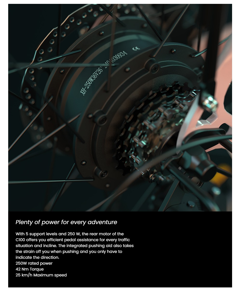 ESKUTE C100 Electric Bike, 250W Motor, 36V 10.4Ah Battery, 26*1.75' Tires, 25km/h Max Speed, 50-60km Range, Mechanical Disc Brakes, SHIMANO 7 Speed - White