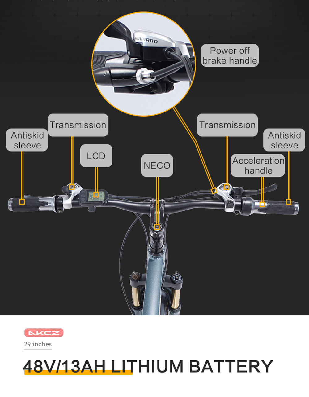 AKEZ 29'' elektrický bicykel, 1000W motor, 48V 13AH batéria, 29*2.15-palcové pneumatiky, max. rýchlosť 45 km/h, dojazd 50 km, dvojité mechanické kotúčové brzdy, predná odpružená vidlica, Shimano 21 rýchlostí, LCD displej - čierny