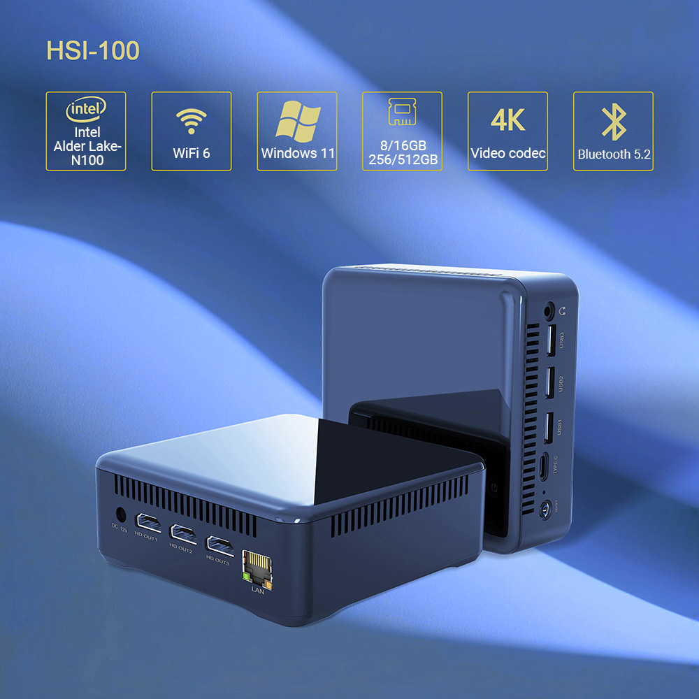 RUPA HSI-100 Mini PC, Intel N100 4 Cores Max 3.4GHz, 8GB RAM 256GB SSD, 3*HDMI 4K 60Hz Triple Screen Display, WiFi 6 Bluetooth 5.2, 3*USB 3.0, 1*Type-C, 1*RJ45, 1* 3.5mm Audio
