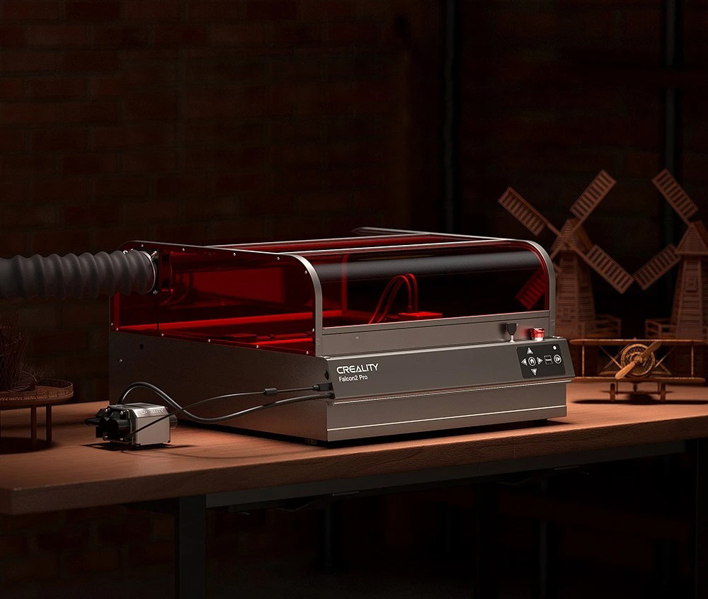 Creality Falcon2 Pro Lasergravierer- und Schneideger&auml;t 40 W, integrierte Luftunterst&uuml;tzung, gew&ouml;lbte sichtbare Abdeckung, eingebaute Kamera, Schubladendesign, Zaun-Schutzstreifen, Feuer-/Luftstrom-/Linsen&uuml;berwachung, 400 x 415 mm