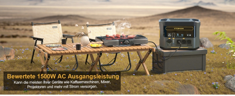 VTOMAN FlashSpeed 1500 Tragbares Kraftwerk , 1548Wh LiFePO4-Akku, 1500W Leistung, 12V DC und 100W Typ-C-Anschl&uuml;sse, mit 12 Anschl&uuml;ssen