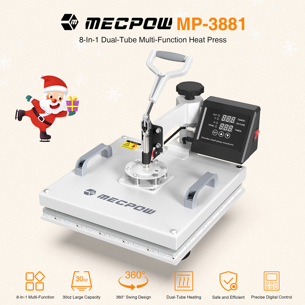 Presse à chaud 8 en 1 Mecpow MP3881, grande capacité de 30 oz, chauffage à double tube, contrôle numérique précis, conception pivotante à 360 ° - Prise UE