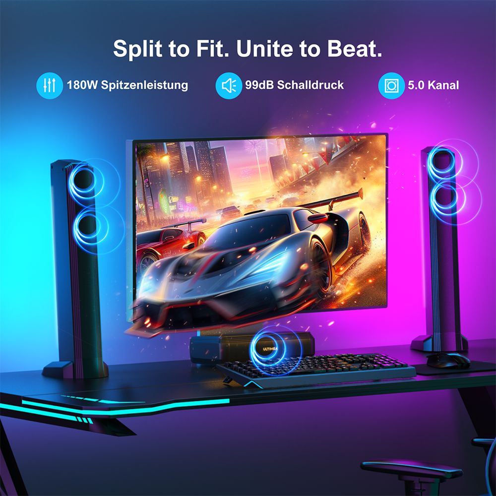 Ultimea Apollo S70 Lighting Soundbar mit 5.0-Kanal, abnehmbarem Design, APP-Steuerung, dynamischem RGB-Licht, 121 voreingestellten EQ-Matrizen