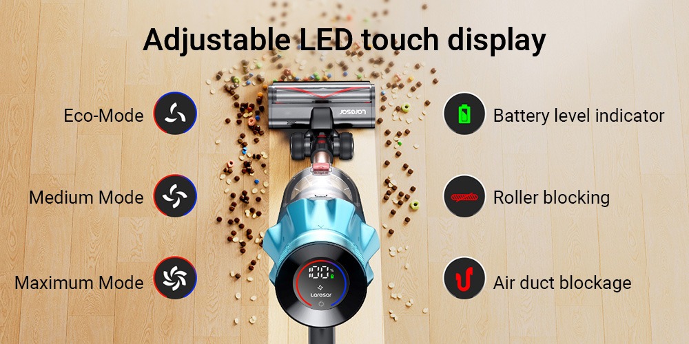Laresar Ultra 7 Kabelloser Stabstaubsauger, 550 W/45 kPa starke Saugleistung, Touchscreen, bis zu 60 Minuten Laufzeit