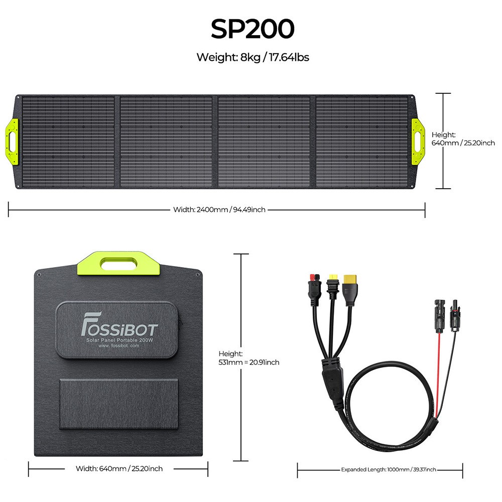 FOSSiBOT F800 Tragbare Powerstation + FOSSiBOT SP200 Faltbares Solarpanel, 512Wh LiFePO4 Solargenerator, 800W AC Ausgang, 200 W Max. Solareingang, 8 Ausgänge, LED Licht - Grün