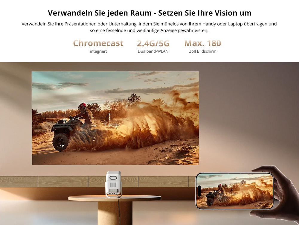 [Netflix 1080P] Wanbo T2 Ultra Beamer, Android TV 11, 500 ANSI, natives 1080P, 120&deg; drehbarer St&auml;nder, Autofokus und Trapezkorrektur, Hindernisvermeidung, 45-140 Zoll Projektionsgr&ouml;&szlig;e, Dualband-WLAN, 2 x 5 W Lautsprecher