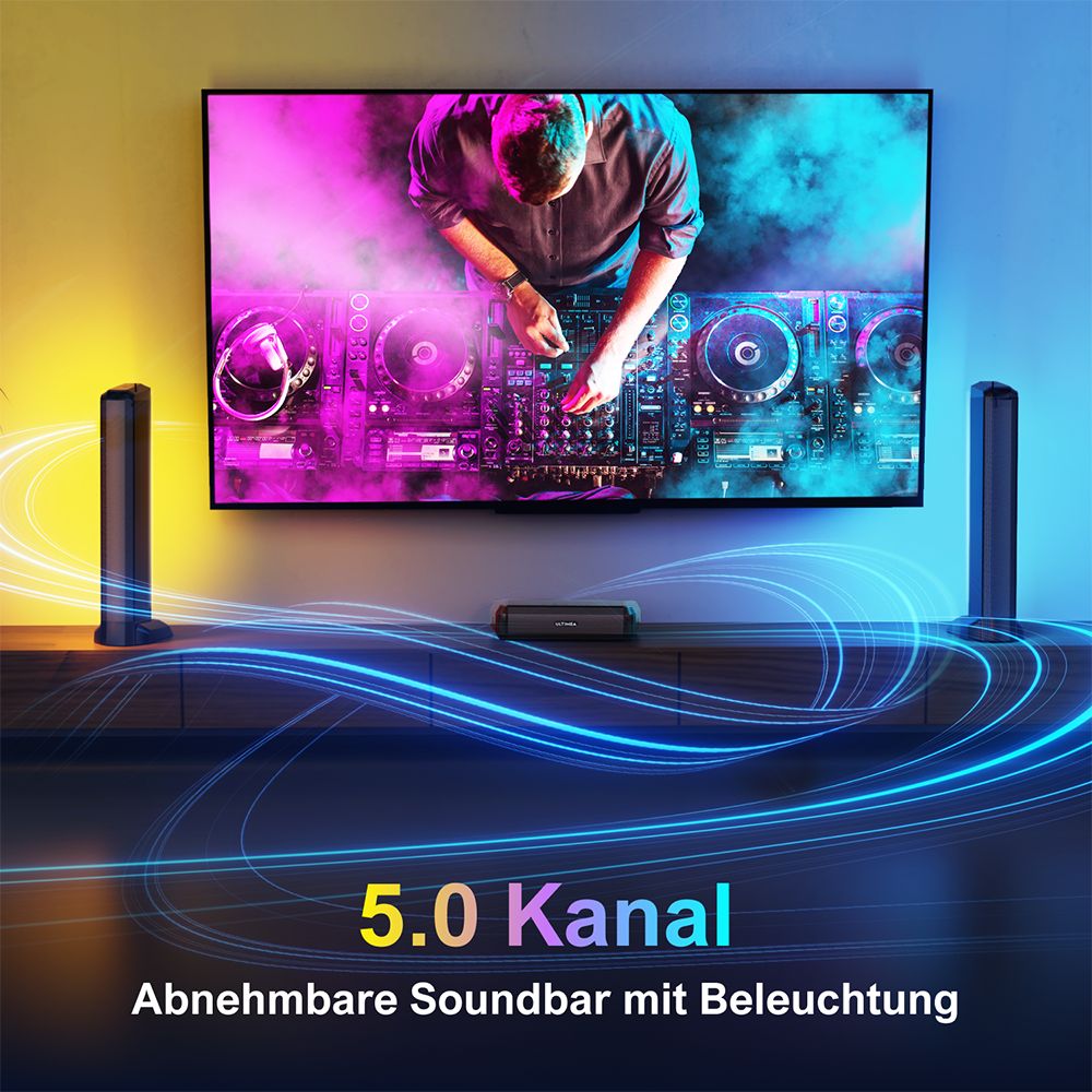 Ultimea Apollo S70 Lighting Soundbar mit 5.0-Kanal, abnehmbarem Design, APP-Steuerung, dynamischem RGB-Licht, 121 voreingestellten EQ-Matrizen