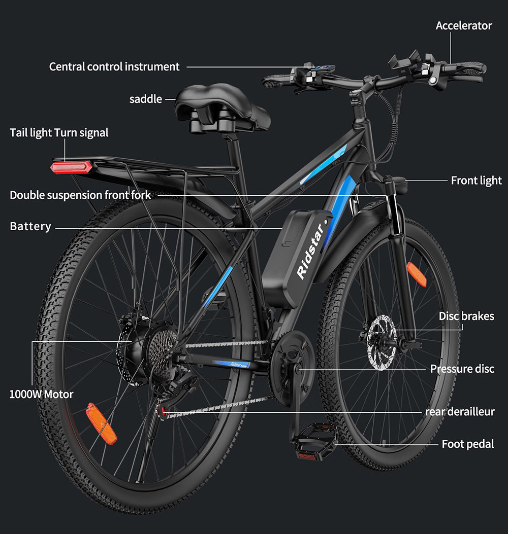 Elektrobicykel Ridstar S29 Pro, 1000W motor, 48V 15,6AH batéria, 29*2,1-palcové pneumatiky, max. rýchlosť 25 km/h, dojazd 60 km, mechanické kotúčové brzdy, tlmenie predných nárazov, Shimano 21 rýchlostí