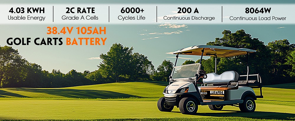 Cloudenergy 36V(38.4V) 105Ah LiFePO4 Golf Cart Battery, with 20A Charger, 4032Wh Energy, Built-in 200A Bluetooth BMS, 8064W Max. Load Power, Touch Monitor, 6000+ Cycles, for Golf Carts, Trolling Motor