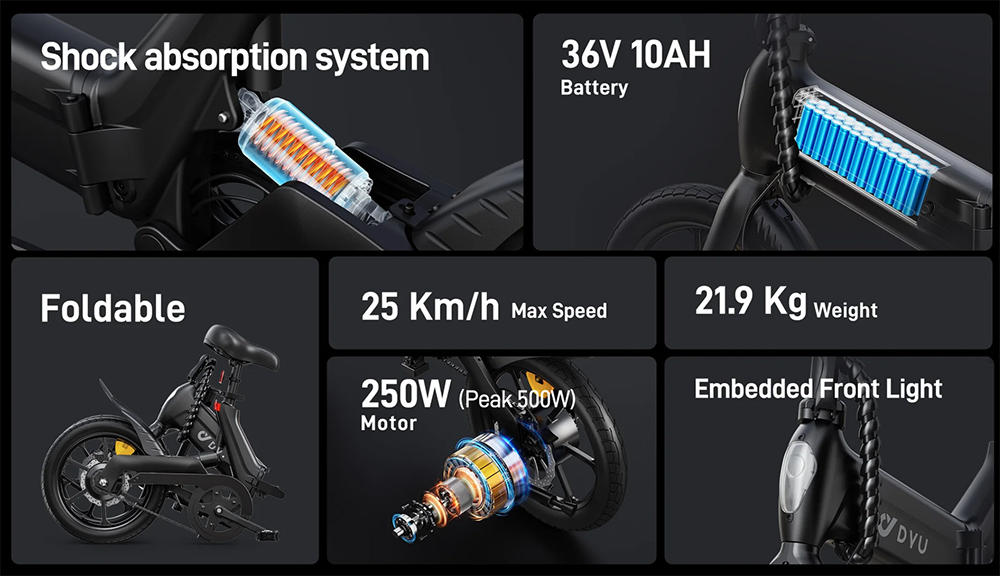 Elektrobicykel DYU A16, 250W motor, 36V 10Ah batéria, 16-palcové pneumatiky, max. rýchlosť 25 km/h, dojazd 55 km, dvojkotúčové brzdy - čierny