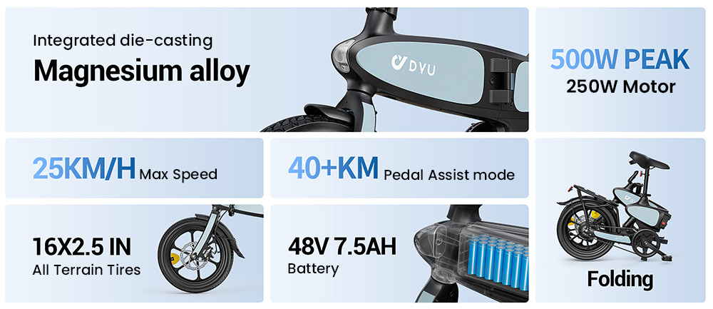 Elektrobicykel DYU C2, 250W motor, 48V 7,5Ah batéria, 16*2.5-palcové pneumatiky, max. rýchlosť 25 km/h, dojazd 40 km, dvojkotúčové brzdy, LED displej