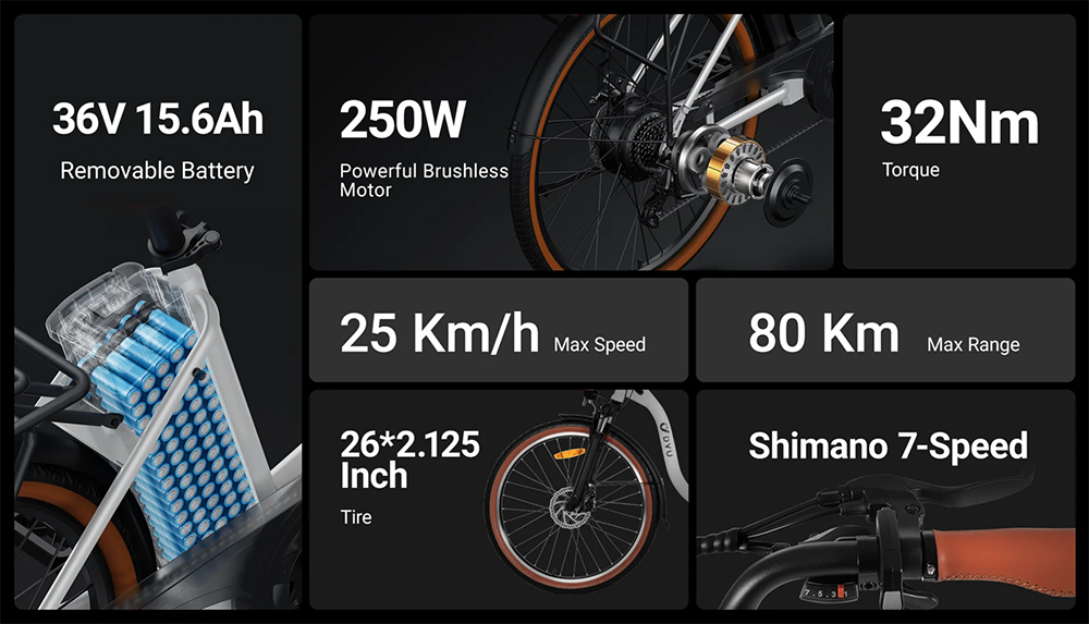 DYU C6 Pro Electric Bike, 250W motor, 36V 15,6Ah batéria, 26*2.125-palcové pneumatiky, max. rýchlosť 25 km/h, dojazd 80 km, kotúčové brzdy, odpruženie prednej vidlice, 7-stupňová prevodovka Shimano, LED displej - biely