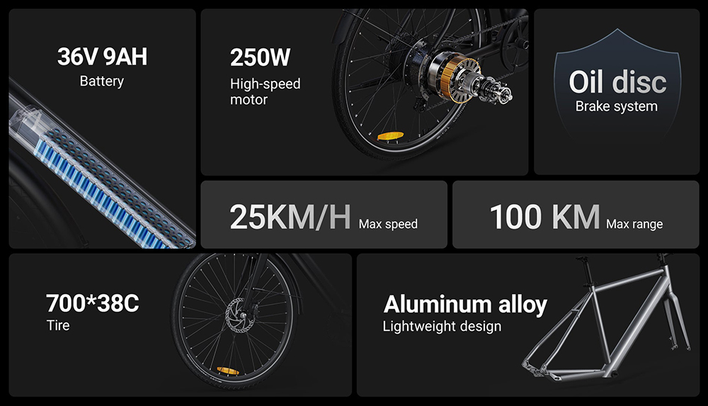 DYU Stroll 1 Electric Bike, 250W motor, 36V 9Ah batéria, 700*38C CST plášte, max. rýchlosť 25 km/h, dojazd 100 km, dvojité hydraulické kotúčové brzdy, Shimano 7 rýchlostí, LED displej - čierny