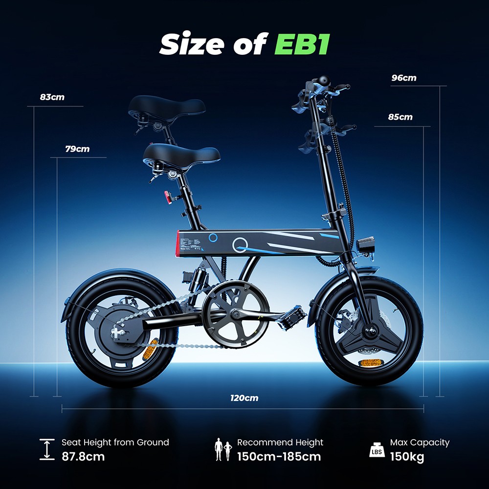 EB1 Skladací elektrický bicykel, 500W motor, 36V 7,8Ah batéria, 14-palcové pneumatiky, max. rýchlosť 25 km/h, dojazd 40 km, predné & zadné kotúčové brzdy, LCD displej - čierny