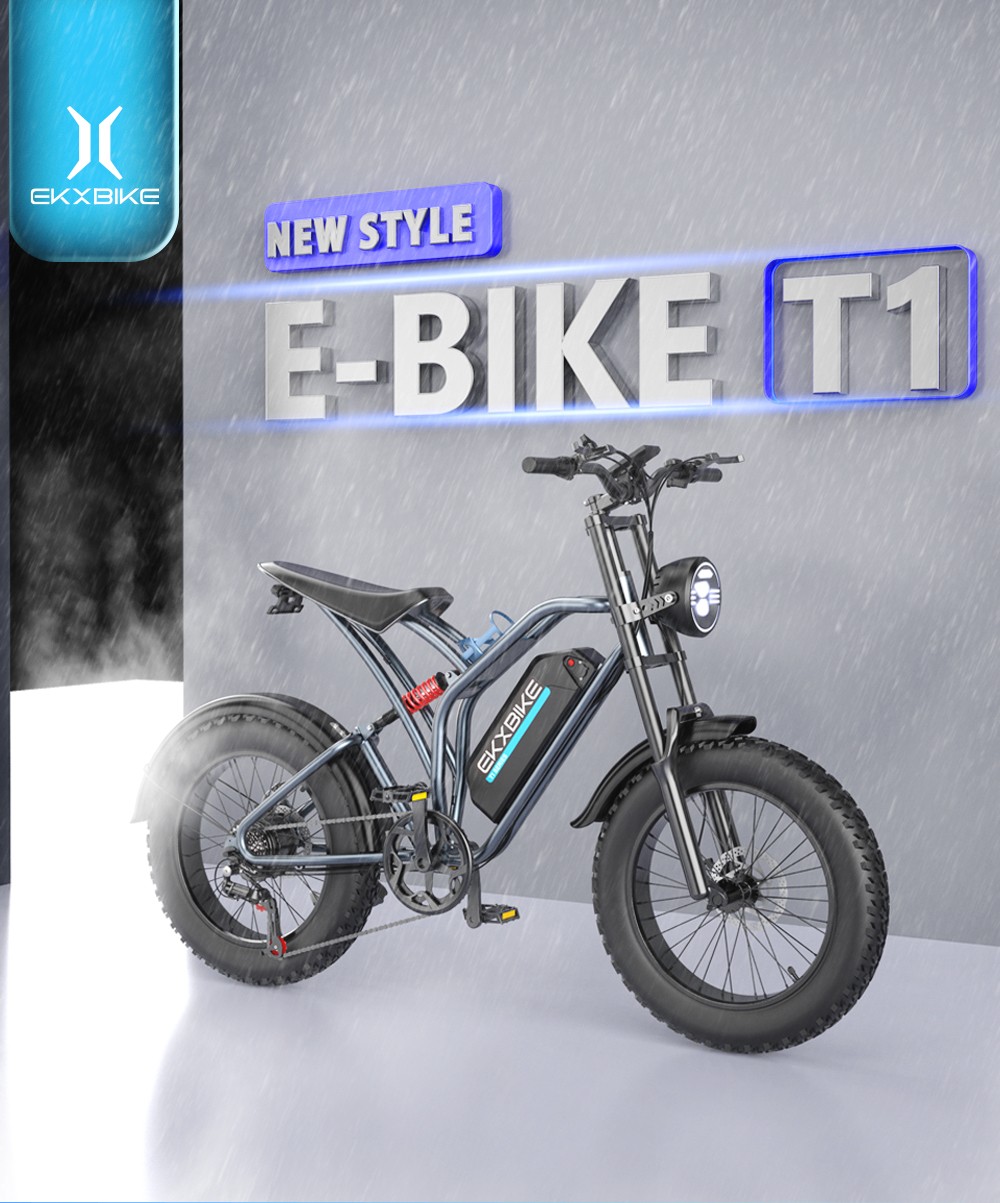 EKXBIKE T1 Elektrofahrrad, 1000-W-Motor, 48-V-20-Ah-Akku, 20 x 4 Zoll dicker Reifen, 50 km/h H&ouml;chstgeschwindigkeit, 100 km Reichweite, Scheibenbremsen, hydraulischer Sto&szlig;d&auml;mpfer, Shimano 7-Gang