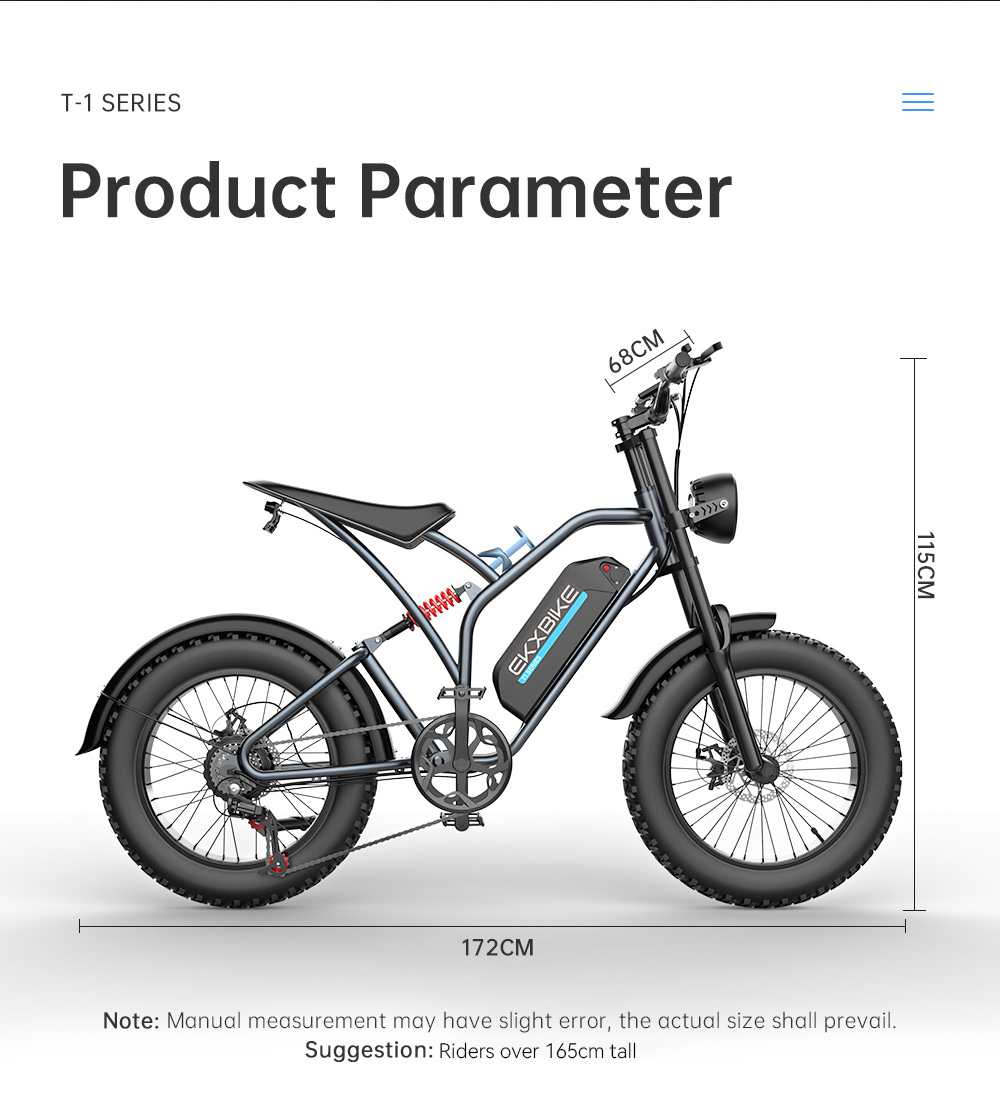EKXBIKE T1 Elektrofahrrad, 1000-W-Motor, 48-V-20-Ah-Akku, 20 x 4 Zoll dicker Reifen, 50 km/h H&ouml;chstgeschwindigkeit, 100 km Reichweite, Scheibenbremsen, hydraulischer Sto&szlig;d&auml;mpfer, Shimano 7-Gang