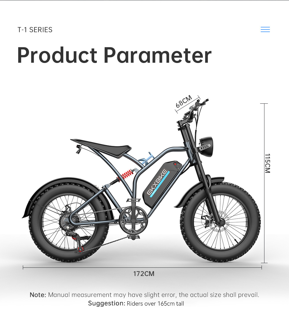 Elektrobicykel EKXBIKE T1, 1000W motor, 48V 20AH batéria, 20*4-palcové tukové pneumatiky, max. rýchlosť 50 km/h, dojazd 100 km, kotúčové brzdy, hydraulický tlmič, 7-rýchlostný prevod Shimano