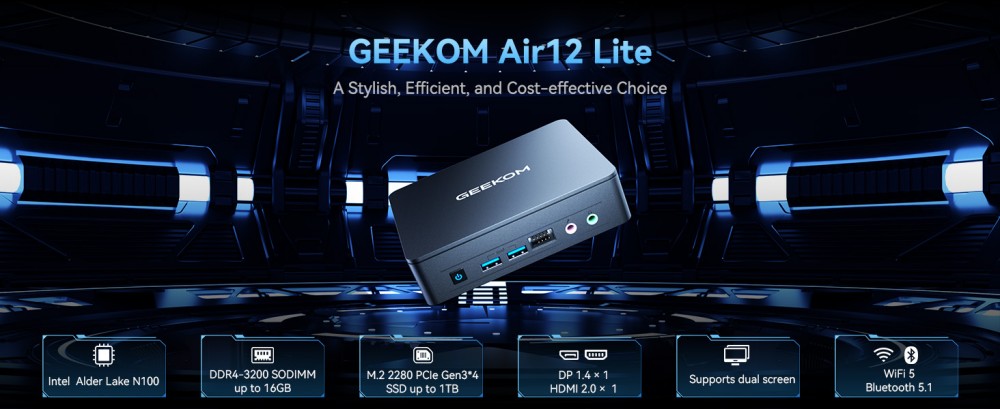 GEEKOM Air12 Lite Mini PC, Intel N100 4 jadrá Max 3,4 GHz, 8 GB RAM 256 GB SSD, HDMI + DP Dual Screen Display, WiFi 5 Bluetooth 5.1, 4*USB 3.2, 2*USB 2.0, 1*RJ45, 1*9-pin Expansion Jack, 1*Headphone Jack, 1*Microphone Jack, Iceblast Cooling System