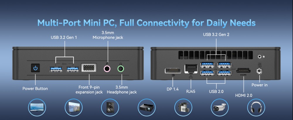 GEEKOM Air12 Lite Mini PC, Intel N100 4 jadrá Max 3,4 GHz, 8 GB RAM 256 GB SSD, HDMI + DP Dual Screen Display, WiFi 5 Bluetooth 5.1, 4*USB 3.2, 2*USB 2.0, 1*RJ45, 1*9-pin Expansion Jack, 1*Headphone Jack, 1*Microphone Jack, Iceblast Cooling System