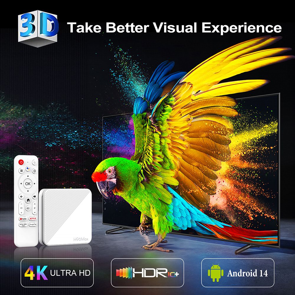 H96 Max H313 Android 14 TV Box, 2GB RAM 16GB ROM, ARM Cortex A53 Quad Core, 4K UHD, WiFi 6, Built-in Chromecast, Google Play Games, 2*USB, 1*HDMI, 1*TF Card, 1*Ethernet