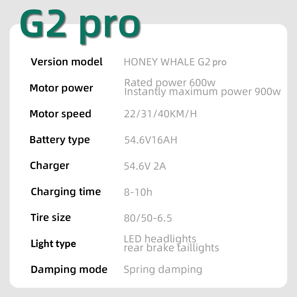 Elektrická kolobežka HONEYWHALE G2 Pro, 900W motor, 54,6V 16Ah batéria, max. rýchlosť 40 km/h, dojazd 45 km, kotúčová brzda, dvojité odpruženie tlmiace nárazy, LCD displej - zelená