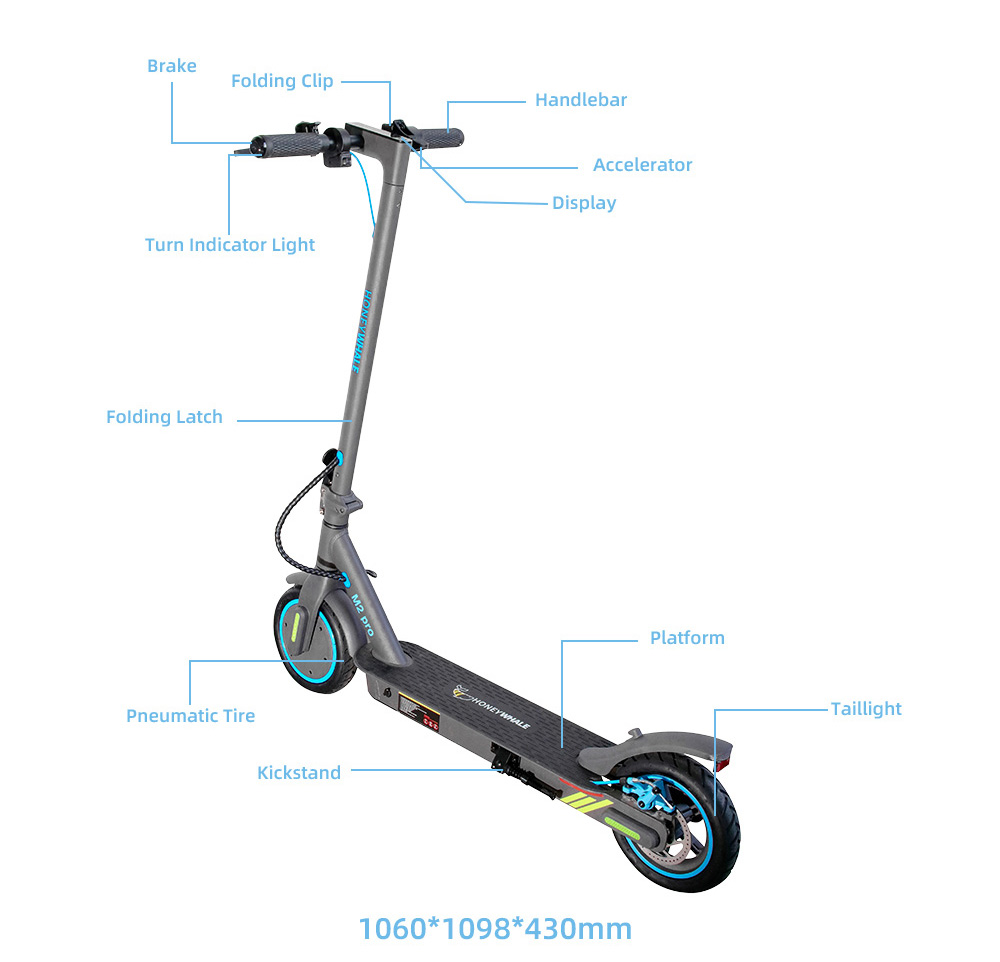 HONEYWHALE M2 Pro Electric Scooter, 500W motor, 36V 10,4Ah batéria, 8.5-palcová pneumatika, max. rýchlosť 32 km/h, dojazd 30 km, E-ABS brzda & kotúčová brzda, predné & zadné tlmenie