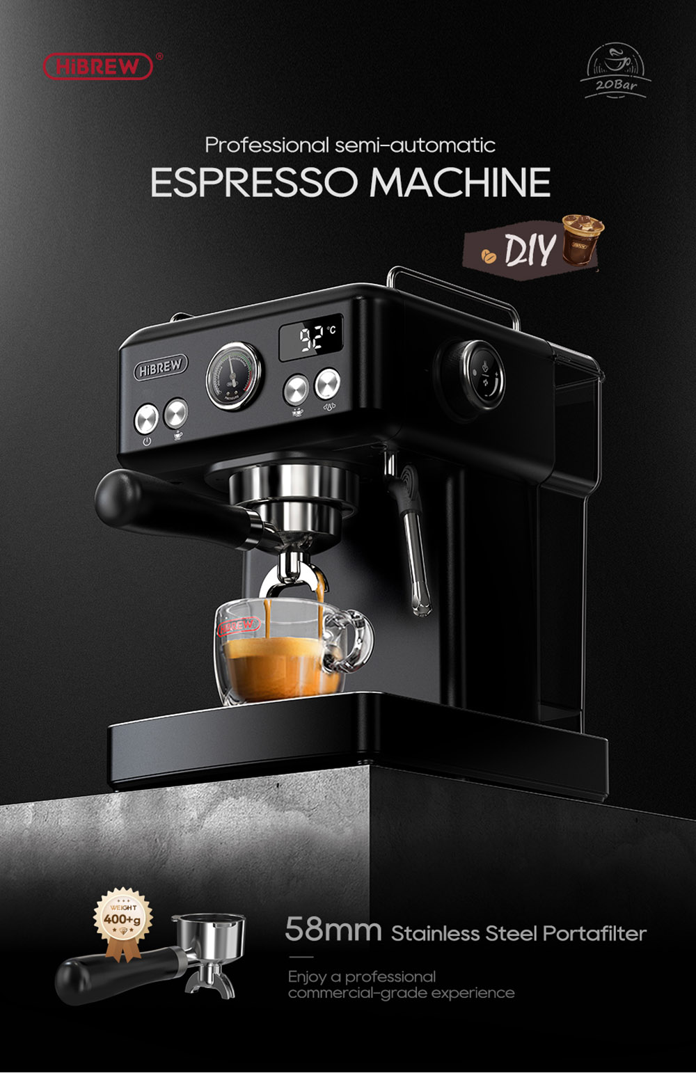 HiBREW H10A Machine &agrave; caf&eacute; expresso semi-automatique, pression de 20 bars, mousseur &agrave; lait, temp&eacute;rature r&eacute;glable, pichet de 350 ml - Noir adamantin