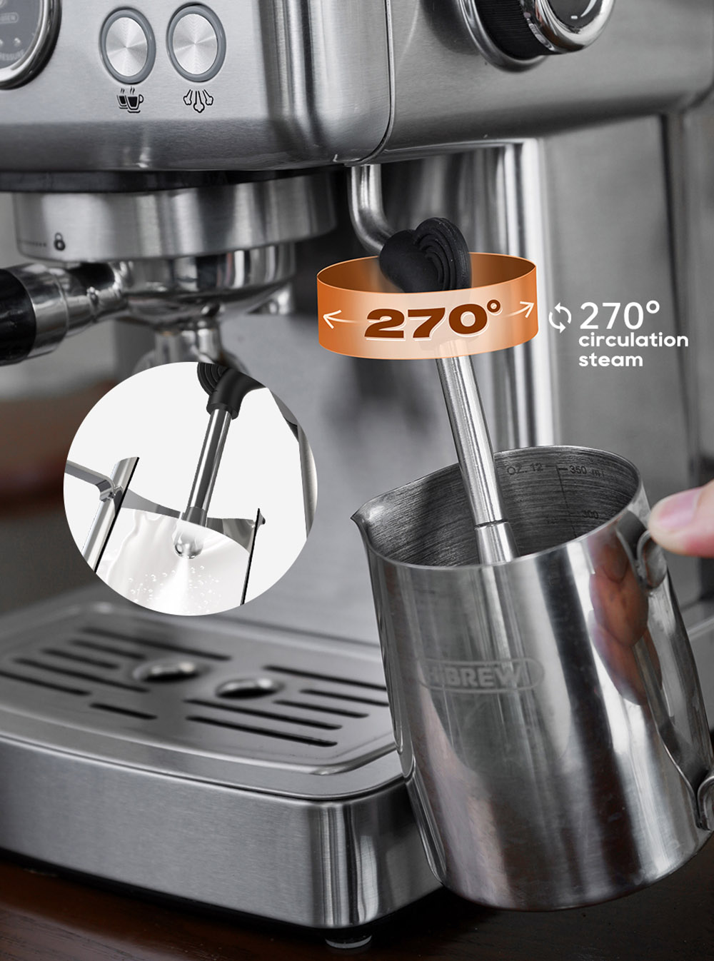 HiBREW H10A Machine &agrave; caf&eacute; expresso semi-automatique, pression de 20 bars, mousseur &agrave; lait, temp&eacute;rature r&eacute;glable, pichet de 350 ml - Noir adamantin