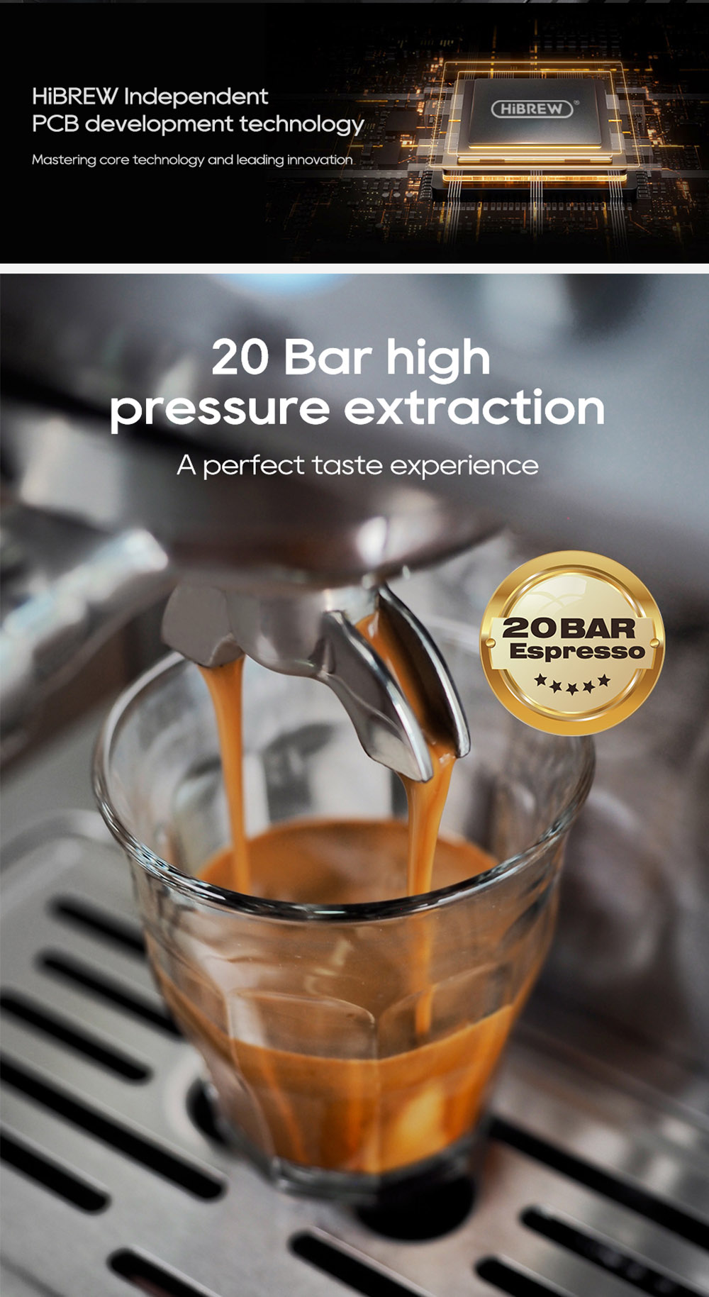 HiBREW H10A Machine &agrave; caf&eacute; expresso semi-automatique, pression de 20 bars, mousseur &agrave; lait, temp&eacute;rature r&eacute;glable, pichet de 350 ml - Noir adamantin