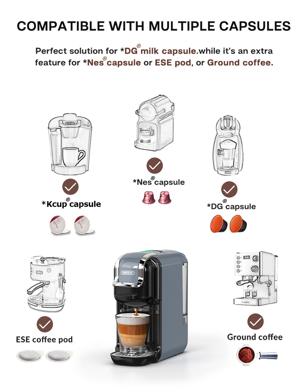 HiBREW H2B 5 in 1 Multi-Capsule Cold &; Hot Coffee Maker, Gray