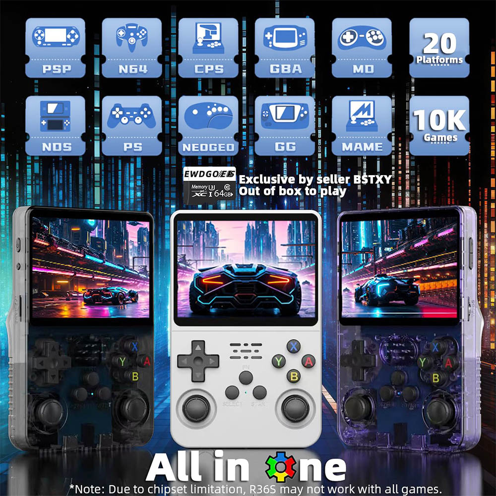 R36S Retro Game Console, 64GB TF Card with 10000 Games, 32GB ArkOS 2.0 Based on Linux, 20 Emulators, 3.5-inch IPS Screen, 1GB DDR3L, 8W Speaker, 3-5H Battery Life - Purple