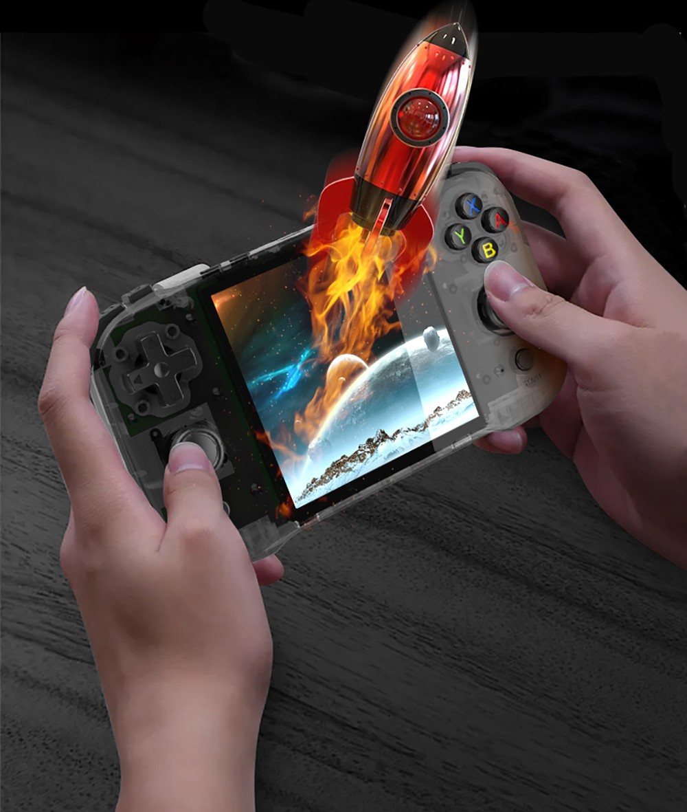 R46S Retro Game Console, 4-inch IPS Screen, 16GB + 128GB TF Card, 1GB LPDDR4 RAM, 8W Speaker, 8H Battery Life, 2.4G WiFi - Transparent Purple