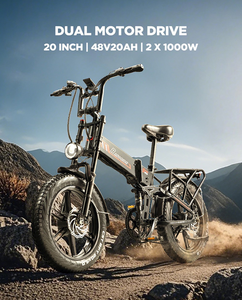 RANDRIDE YX20M-2 Elektrobicykel, 1000W*2 motor, 48V 20Ah batéria, 20*4.0-palcové tučné pneumatiky, max. rýchlosť 45 km/h, dojazd 60 km, hydraulické brzdy, dvojité odpruženie, 7-rýchlostný systém Shimano, LCD displej