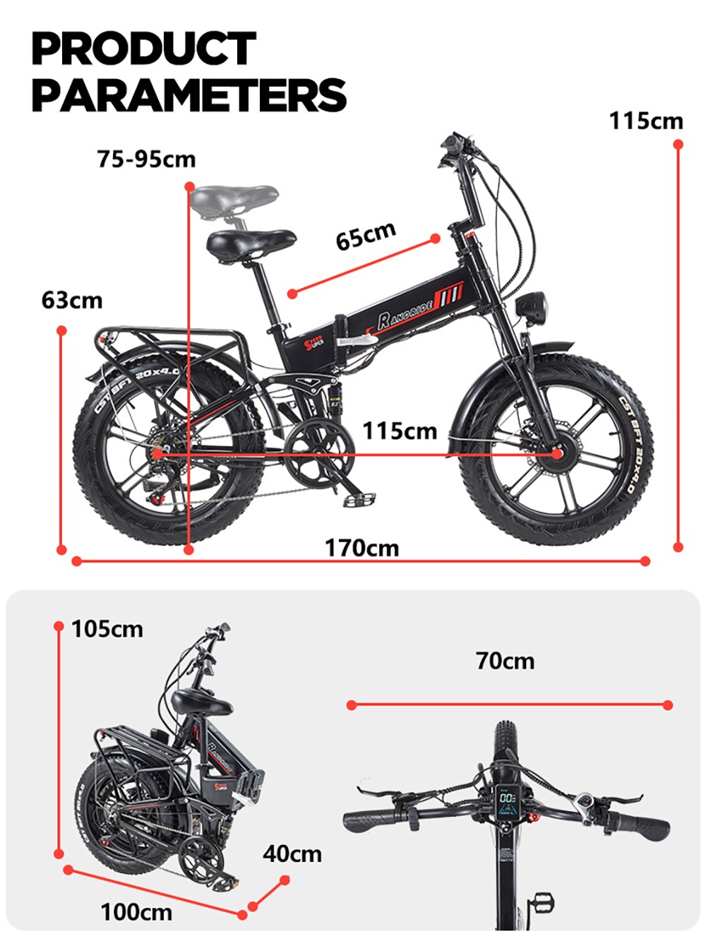 RANDRIDE YX20M-2 Electric Bike, 1000W*2 Motor, 48V 20Ah Battery, 20*4.0-palcové tučné pneumatiky, max. rýchlosť 45 km/h, dojazd 60 km, hydraulické brzdy, dvojité odpruženie, 7-rýchlostný systém Shimano, LCD displej