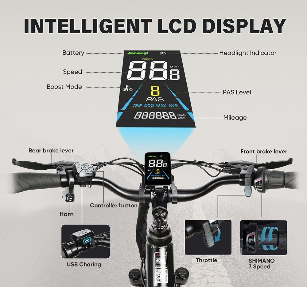 SAMEBIKE RS-A01 Pro-T Elektrofahrrad, 500-W-Motor, 36-V-15-Ah-Akku, 27,5-Zoll-x2,1-Zoll-Reifen, 32 km/h H&ouml;chstgeschwindigkeit, 90 km Reichweite, mechanische Scheibenbremsen, verstellbare Vordergabel, Shimano 7-Gang-Schaltung, LCD-Display &ndash; Blau