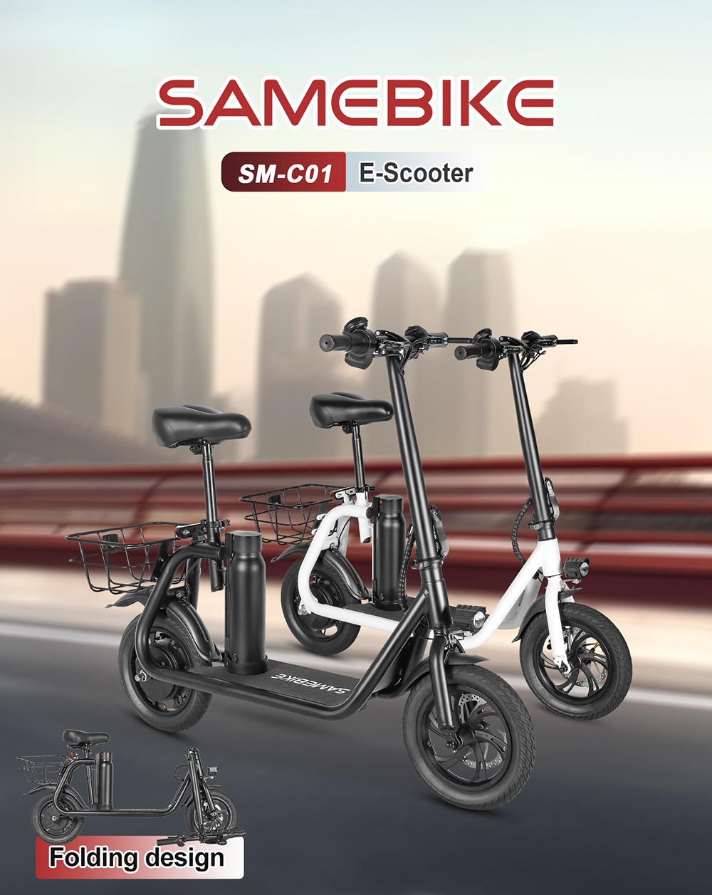 SAMEBIKE SM-C01 Skladací elektrický skúter so sedadlom, 350W motor, 36V 10.4Ah batéria, 12-palcová pneumatika, max. rýchlosť 32 km/h, dojazd 25 km, mechanické kotúčové brzdy, LCD displej - čierna