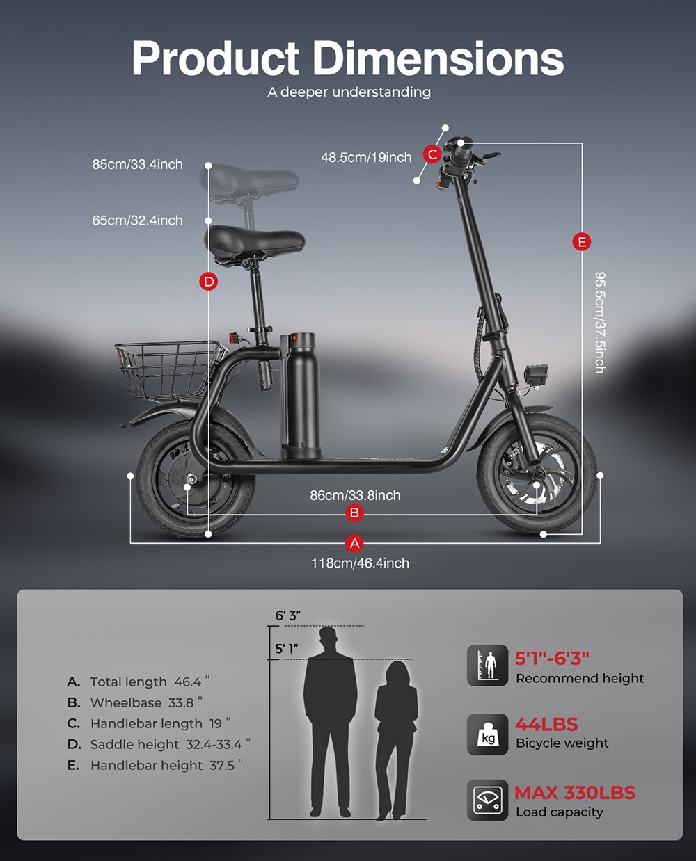 SAMEBIKE SM-C01 Skladací elektrický skúter so sedadlom, 350W motor, 36V 10.4Ah batéria, 12-palcová pneumatika, max. rýchlosť 32 km/h, dojazd 25 km, mechanické kotúčové brzdy, LCD displej - čierna