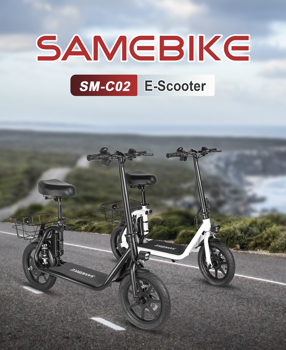 SAMEBIKE SM-C02 Skladacia elektrická kolobežka so sedadlom, 500W motor, 36V 13Ah batéria, 14 palcová pneumatika, max. rýchlosť 32 km/h, dojazd 25 km, mechanické kotúčové brzdy, LCD displej - čierna