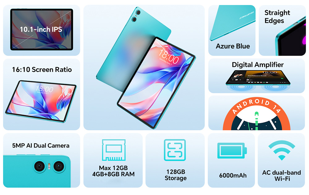 Teclast P30 Tablet, 10,1-palcový Android 14, T606 CPU, Max 12(4+8)GB RAM 128GB ROM, 1280x800 HD IPS, Quad-Core WiFi 6, Dual Speaker &; Camera, Type-C/ GMS/ Bluetooth/ 3.5mm Jack