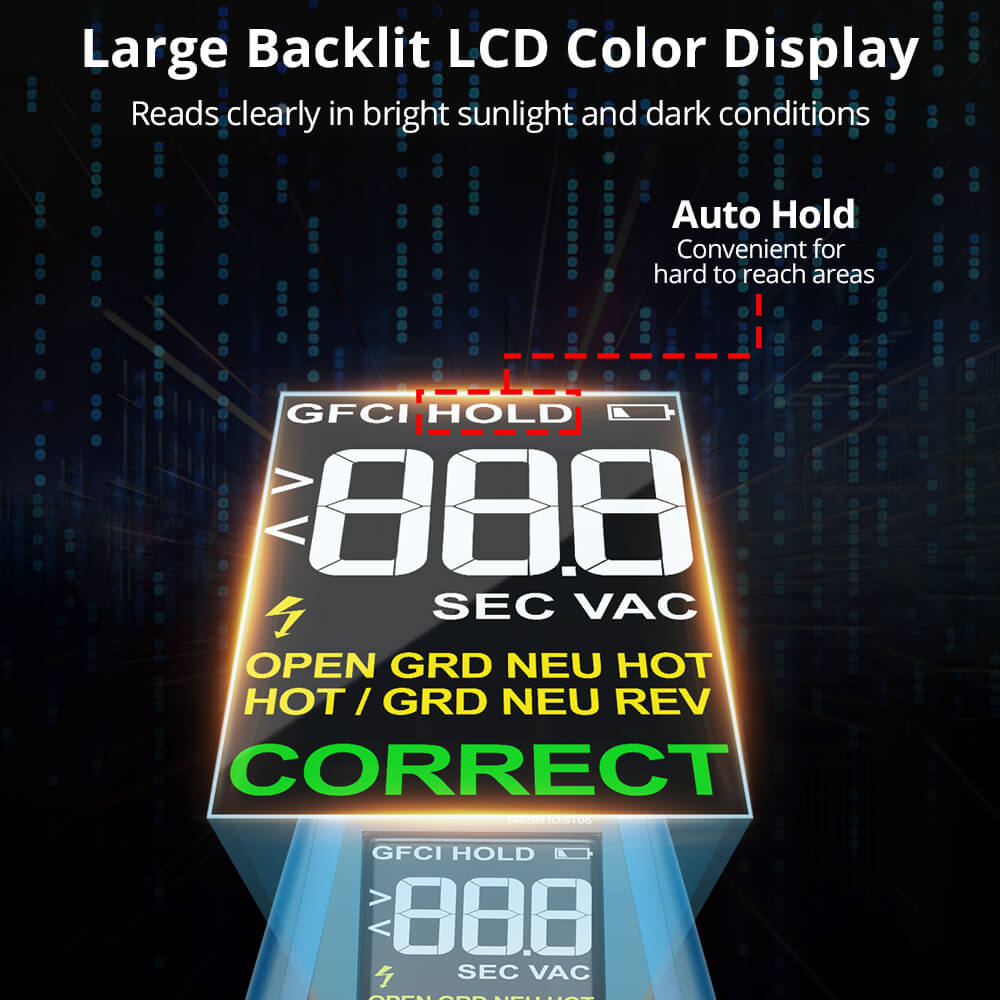 Tilswall W140 GFCI Outlet Tester, Color LCD Display, CAT II 135V Safety Rating, for Standard 3-Wire 120V Electrical Receptacles