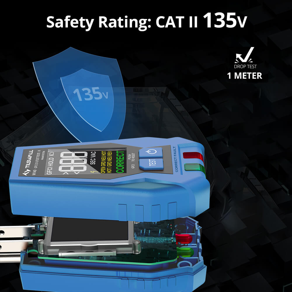 Tilswall W140 GFCI Outlet Tester, Color LCD Display, CAT II 135V Safety Rating, for Standard 3-Wire 120V Electrical Receptacles