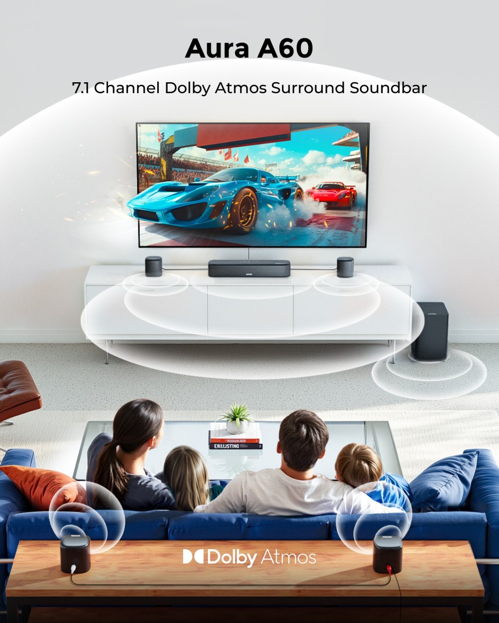 ULTIMEA Aura A60 7.1 Soundbar, Smart APP & Hlasové ovládanie, technológia BassMX, špičkový výkon 350 W, HDMI eARC, 4 priestorové reproduktory, pre Smart TV